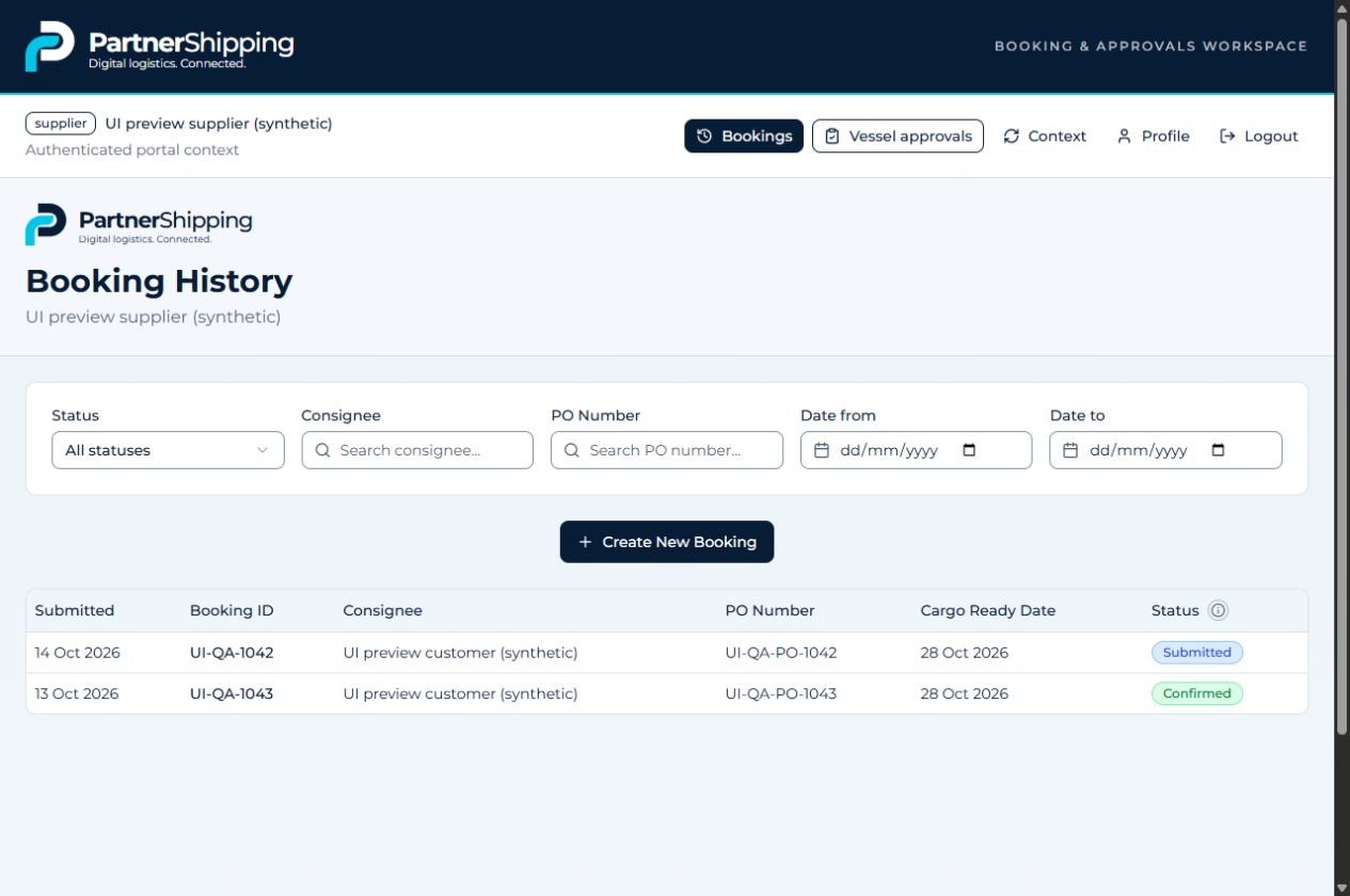 PartnerShipping supplier portal with booking history, status filters and a create booking action, using synthetic sample data.
